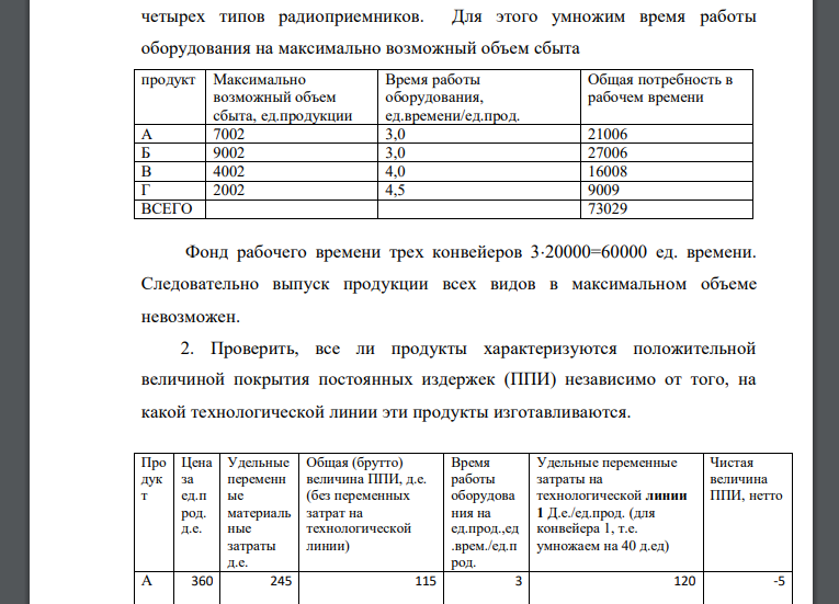 Электротехническое предприятие способно производить четыре типа автомобильных радиоприемников. Для их изготовления предприятие располагает тремя конвейерами