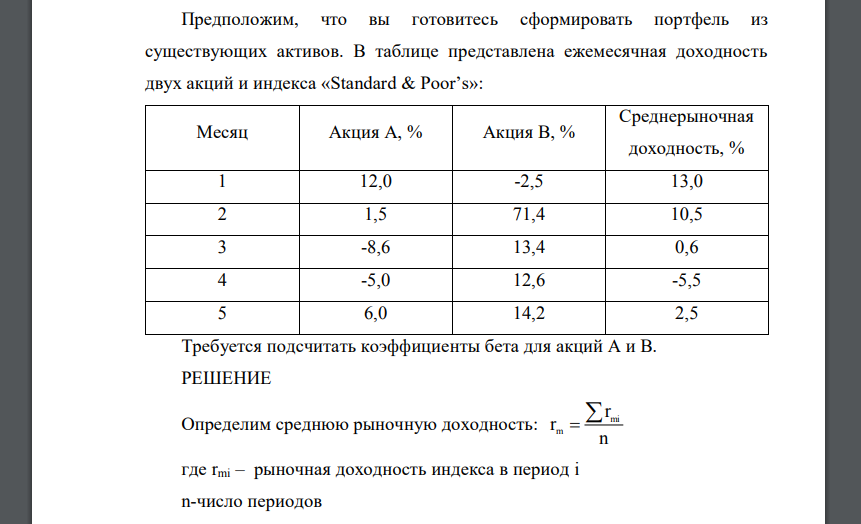 Предположим, что вы готовитесь сформировать портфель из существующих активов. В таблице представлена ежемесячная