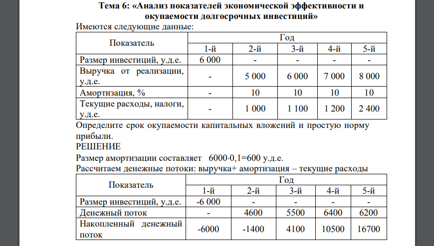 «Анализ показателей экономической эффективности и окупаемости долгосрочных инвестиций» Имеются следующие данные