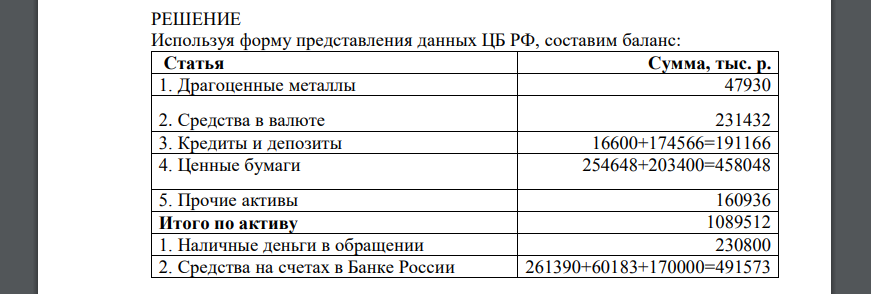 Используя следующие операции, составьте баланс Центрального банка РФ на отчетную дату