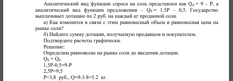 Аналитический вид функции спроса на соль представлен как Qd = 9 – P, а аналитический вид функции предложения