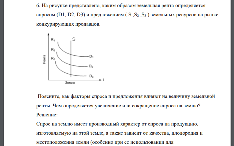 На рисунке представлено, каким образом земельная рента определяется спросом (D1, D2, D3) и предложением ( S ,S2 ,S3 ) земельных ресурсов