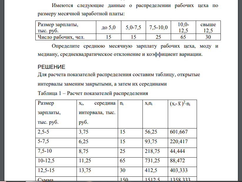 Имеются следующие данные о распределении рабочих цеха по размеру месячной заработной платы: Размер зарплаты, тыс. руб. до 5,0 5,0-7,5