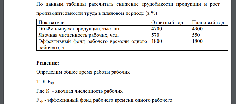 По данным таблицы рассчитать снижение трудоёмкости продукции и рост производительности труда в плановом периоде (в %): Показатели