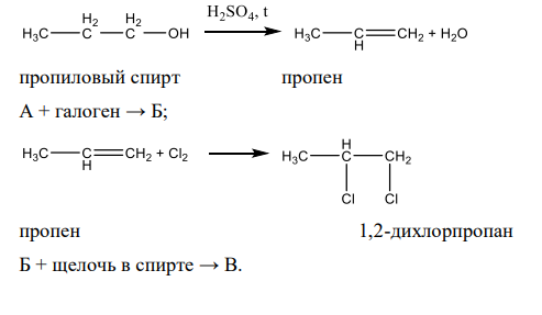 Напишите схемы следующих превращений: пропиловый спирт + серная кислота при нагревании → А; А + галоген → Б; Б + щелочь в спирте → В. Для продукта «В» напишите реакции