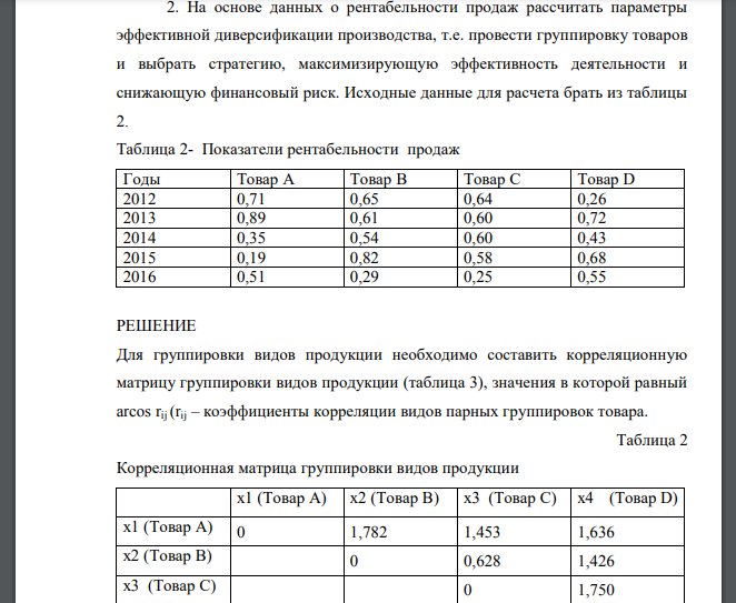 На основе данных о рентабельности продаж рассчитать параметры эффективной диверсификации производства, т.е. провести группировку товаров и выбрать