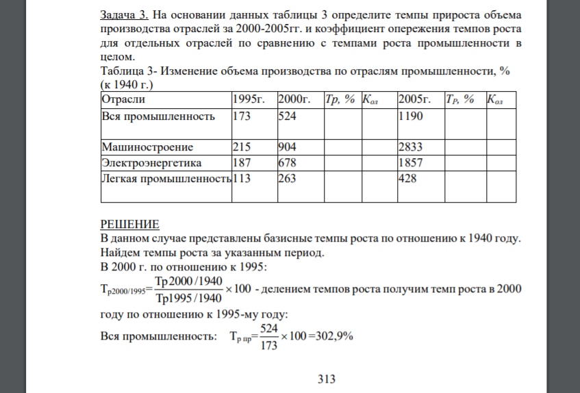 На основании данных таблицы 3 определите темпы прироста объема производства отраслей за 2000-2005гг. и коэффициент опережения темпов роста для отдельных