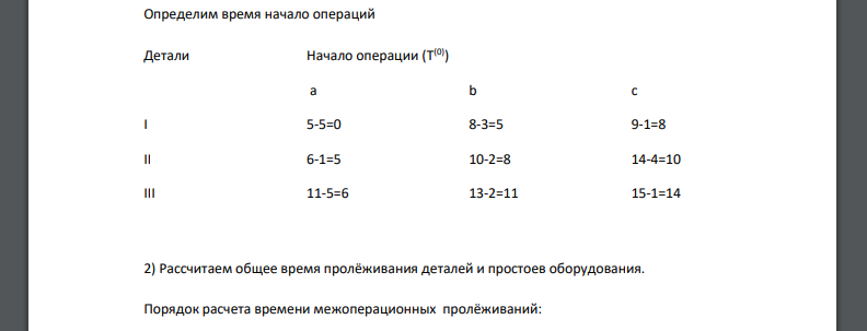 Дана трудоёмкость изготовления деталей (I, II, III) по трём операциям (a, b, c). По предложенному преподавателем варианту исходных данных рассчитать: время