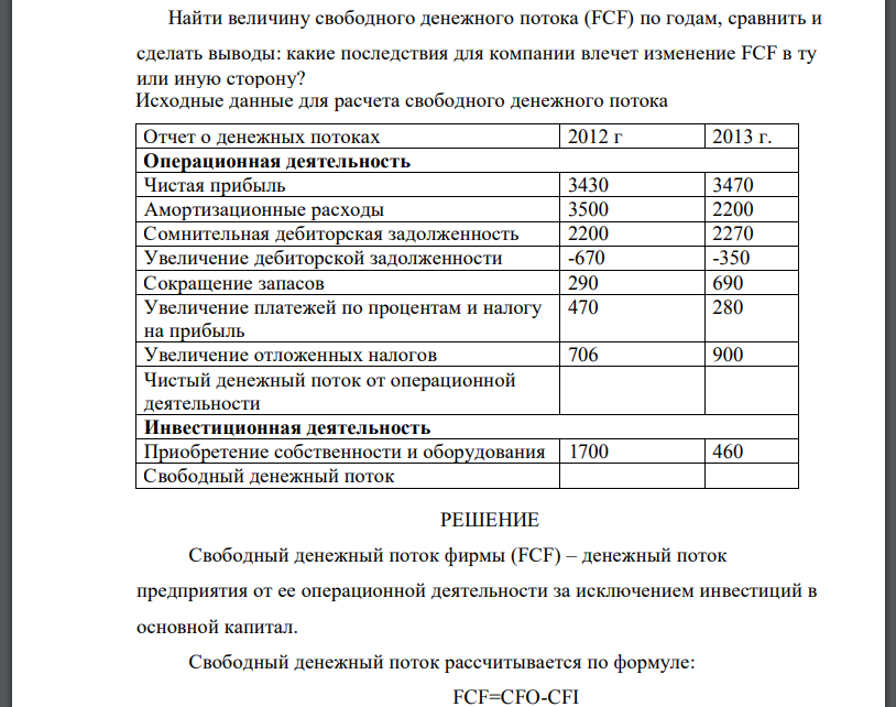 Найти величину свободного денежного потока (FCF) по годам, сравнить и сделать выводы: какие последствия для компании влечет изменение FCF в ту или иную сторону