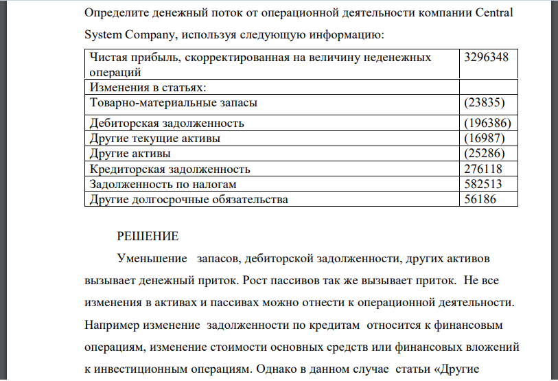 Определите денежный поток от операционной деятельности компании Central System Company, используя