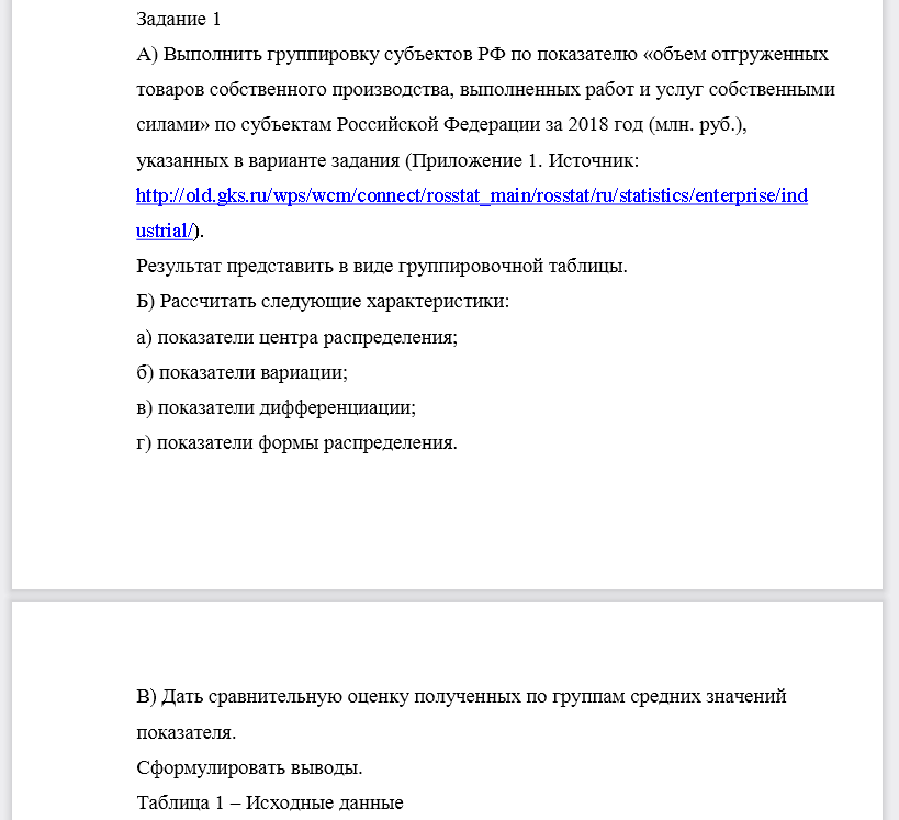 Выполнить группировку субъектов РФ по показателю «объем отгруженных товаров собственного производства, выполненных работ и услуг собственными силами» по