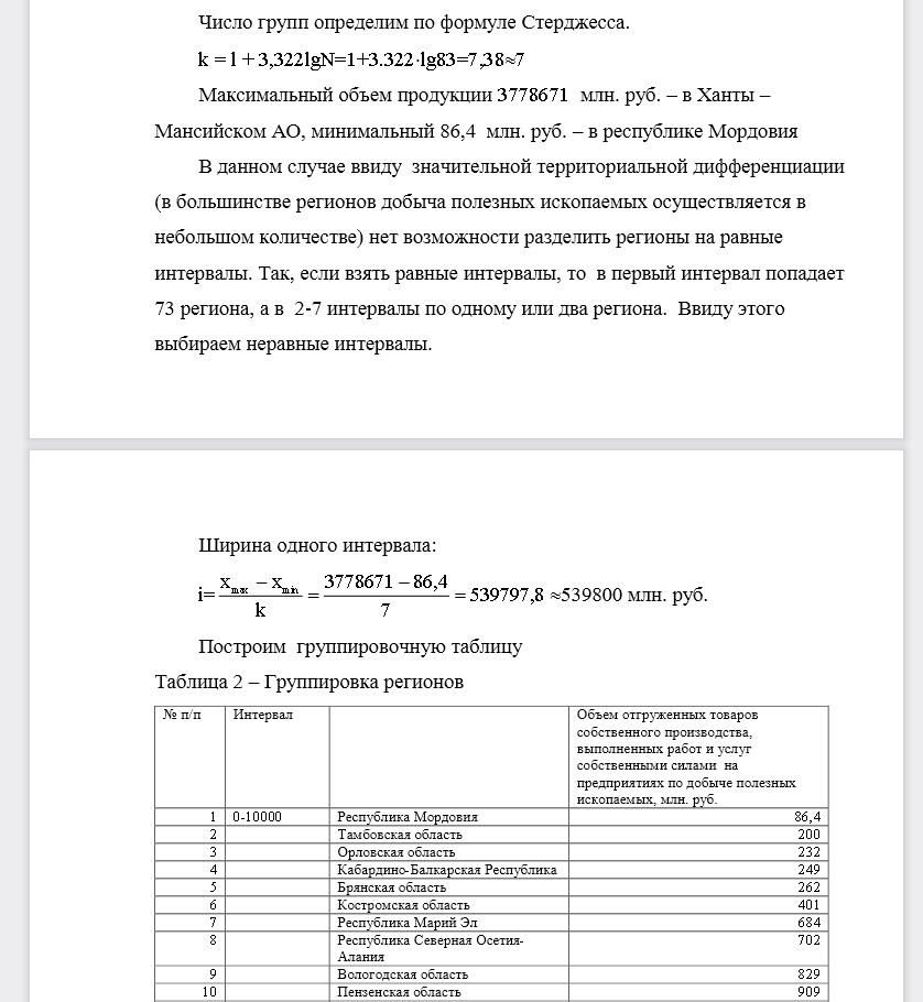 Выполнить группировку субъектов РФ по показателю «объем отгруженных товаров собственного производства, выполненных работ и услуг собственными силами» по