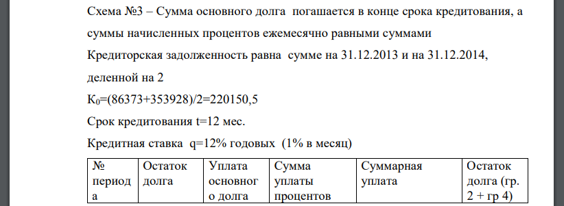 Сумма основного долга погашается в конце срока кредитования, а суммы начисленных процентов ежемесячно равными суммами Кредиторская