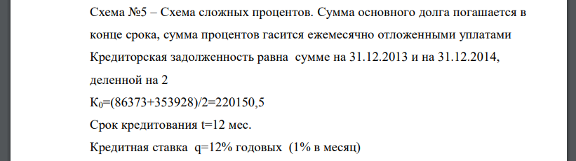 Схема сложных процентов. Сумма основного долга погашается в конце срока, сумма процентов гасится ежемесячно отложенными уплатами Кредиторская задолженность равна