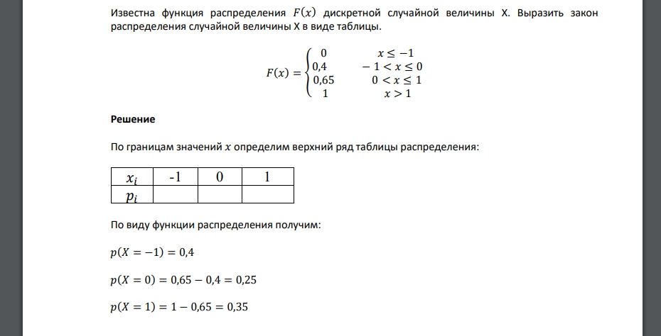 Известна функция распределения 𝐹(𝑥) дискретной случайной величины X. Выразить закон