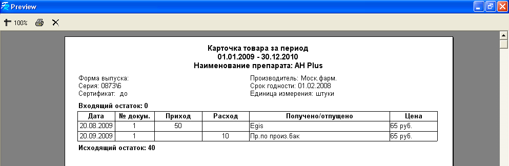 Стеллажная карта на медикаменты образец