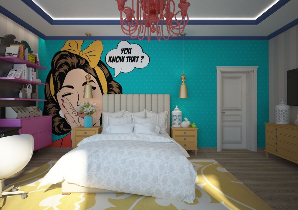 Bedroom pop. Спальня в стиле поп арт. Комната в стиле поп арт. Спальная комната в стиле поп арт. Комната подростка в стиле поп арт.