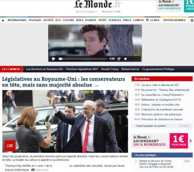 Le Monde онлайн провел картину сияющего Джереми Корбина, Тереса Мей труда соперника, размахивая