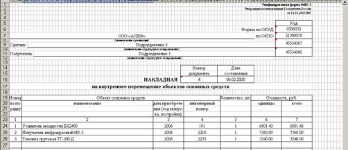 Заполненная форма шаблона для внутренней накладной, первый и второй лист