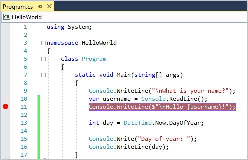 Точка останова в строке кода в Visual Studio