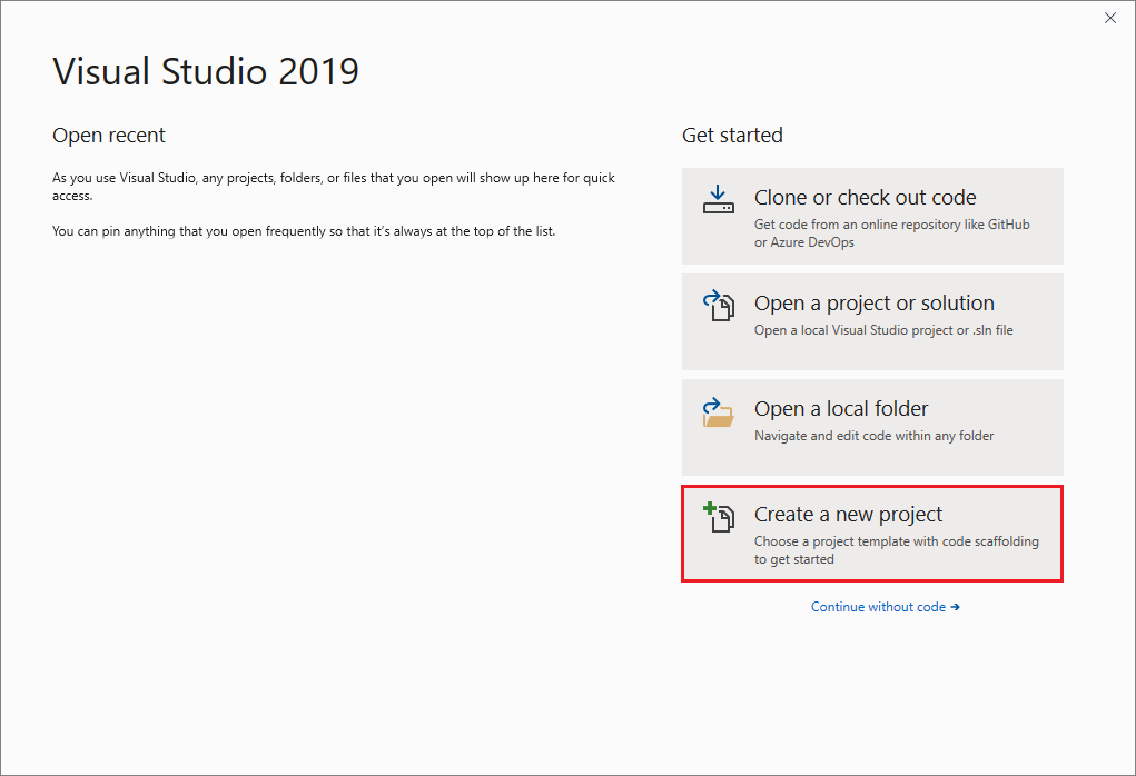 Начальное окно Visual Studio для создания проекта